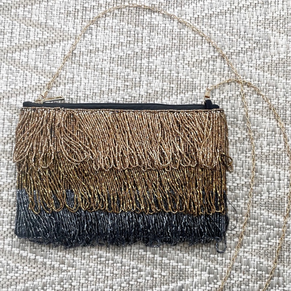 Metallic Fringe Zip Crossbody with Metal Chain